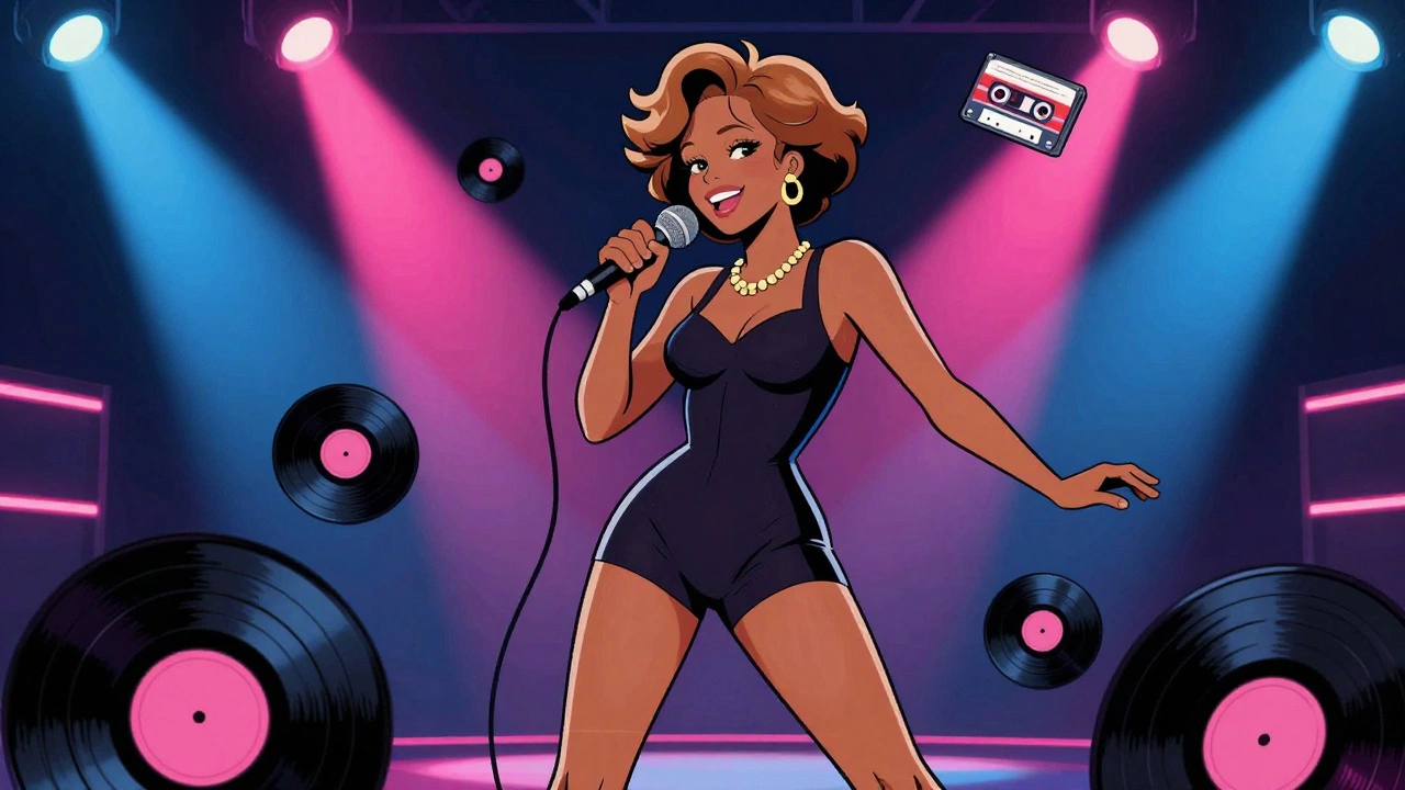 Retro cartoon of Whitney Houston performing on an 80s TV music show.