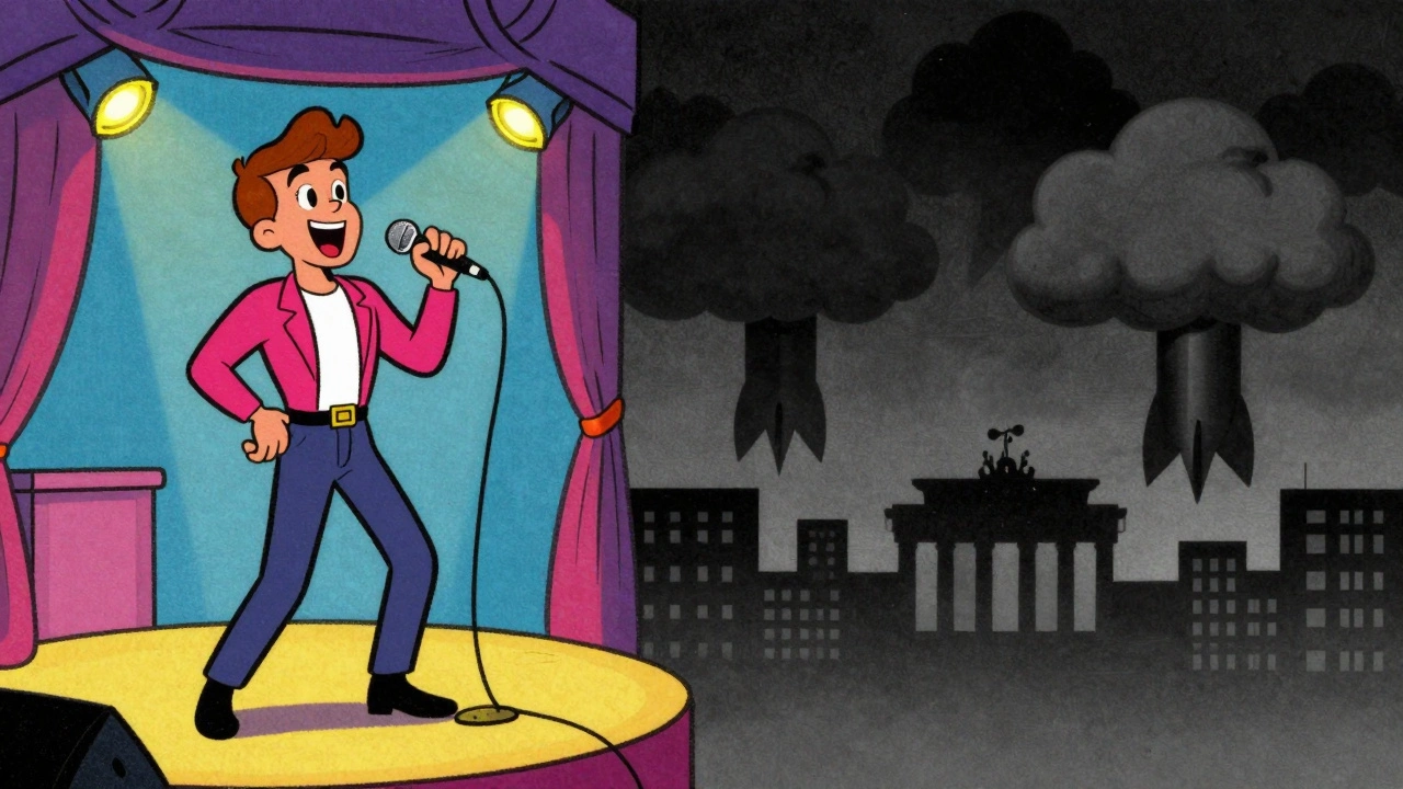 Retro cartoon showing a singer with looming nuclear clouds in the background