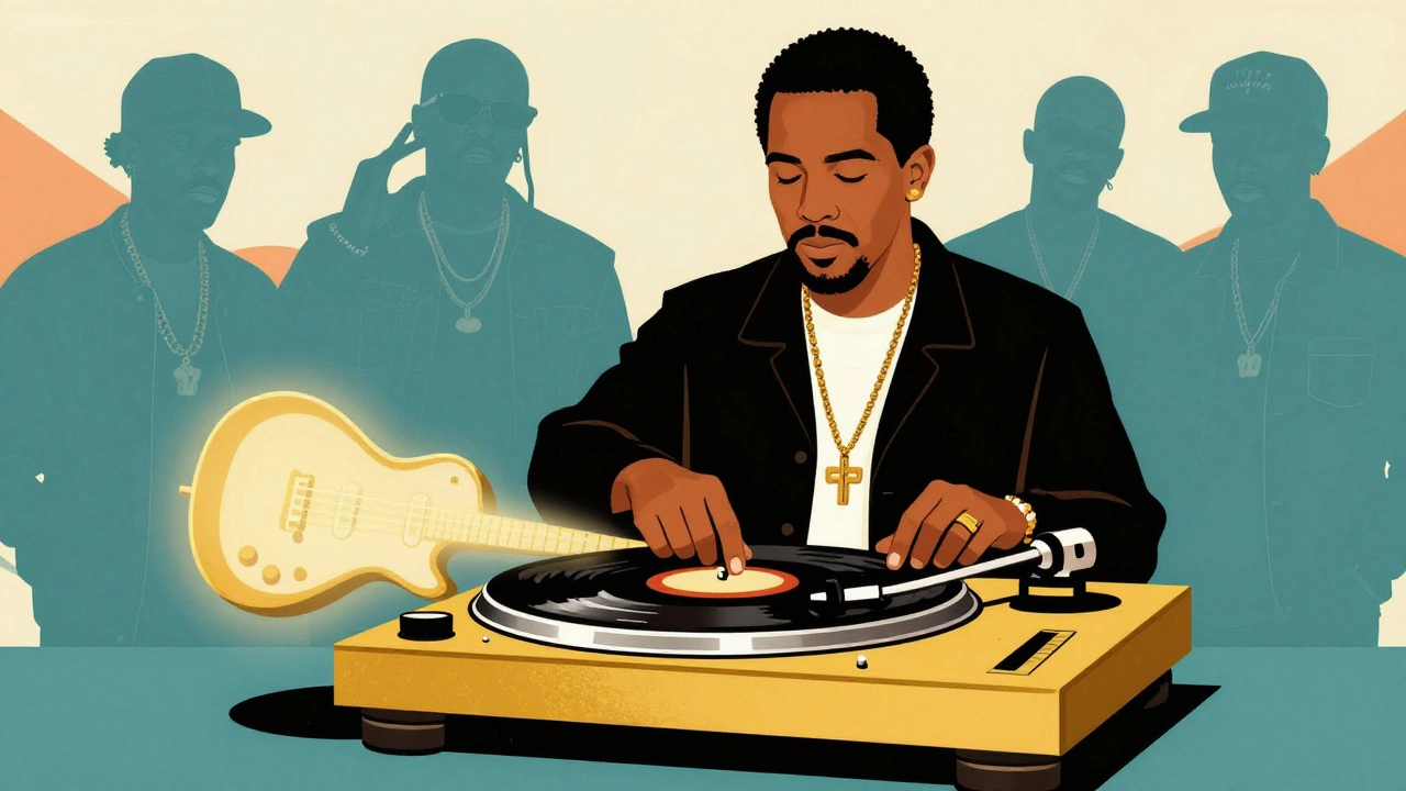 Retro cartoon showing turntables transforming into musical instruments