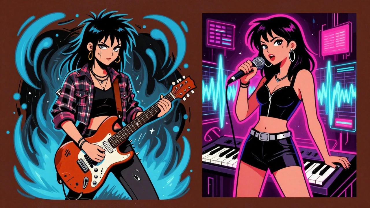 Retro cartoon split between a grunge rocker and an alt-pop synth artist.