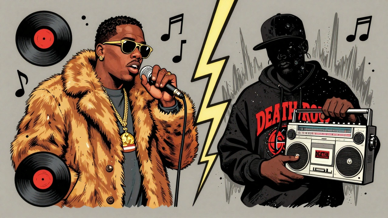 Retro comic split-screen of Biggie vs West Coast rivalry