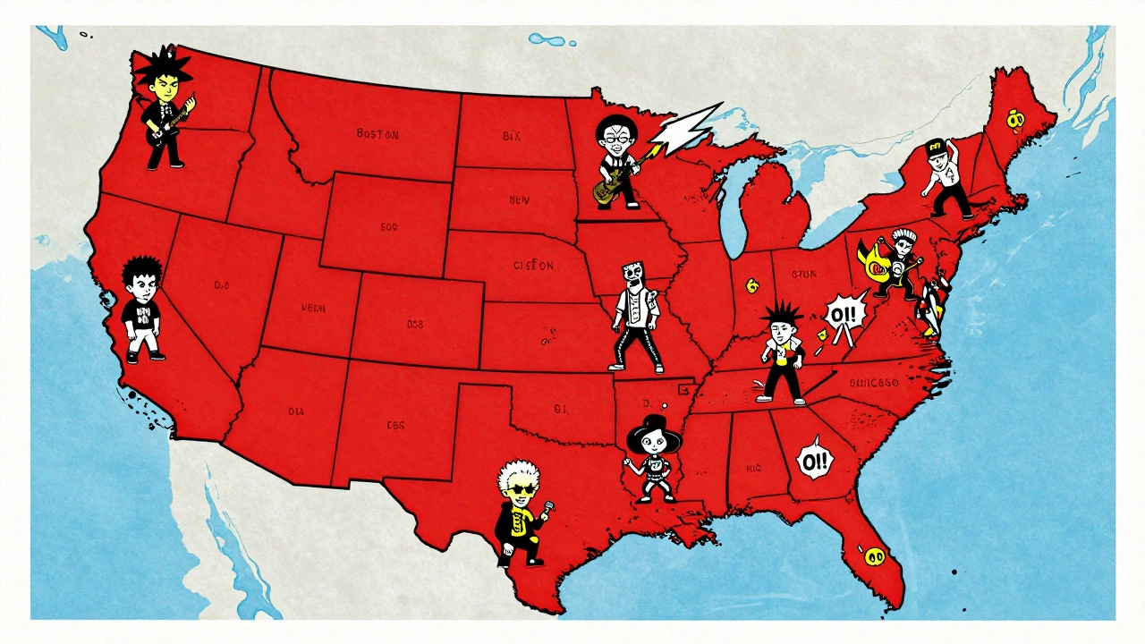Retro illustrated map showing the spread of US punk scenes