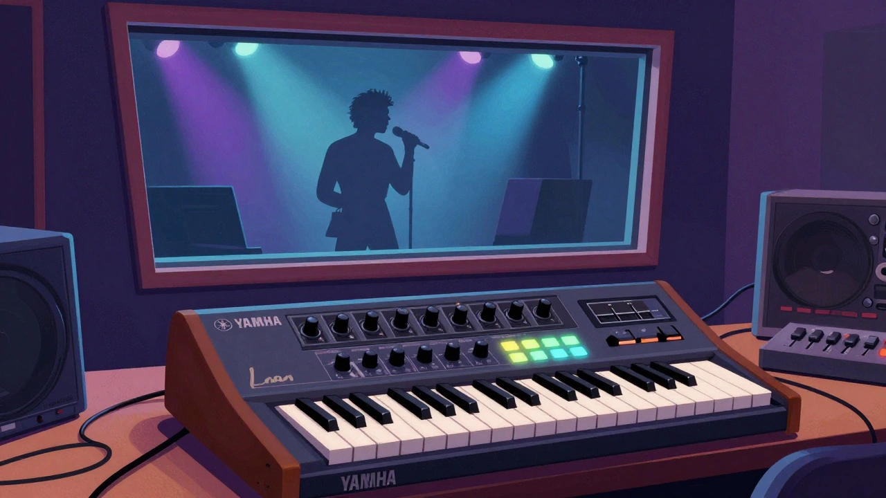 Retro illustration of 1980s studio with synth and drum machine