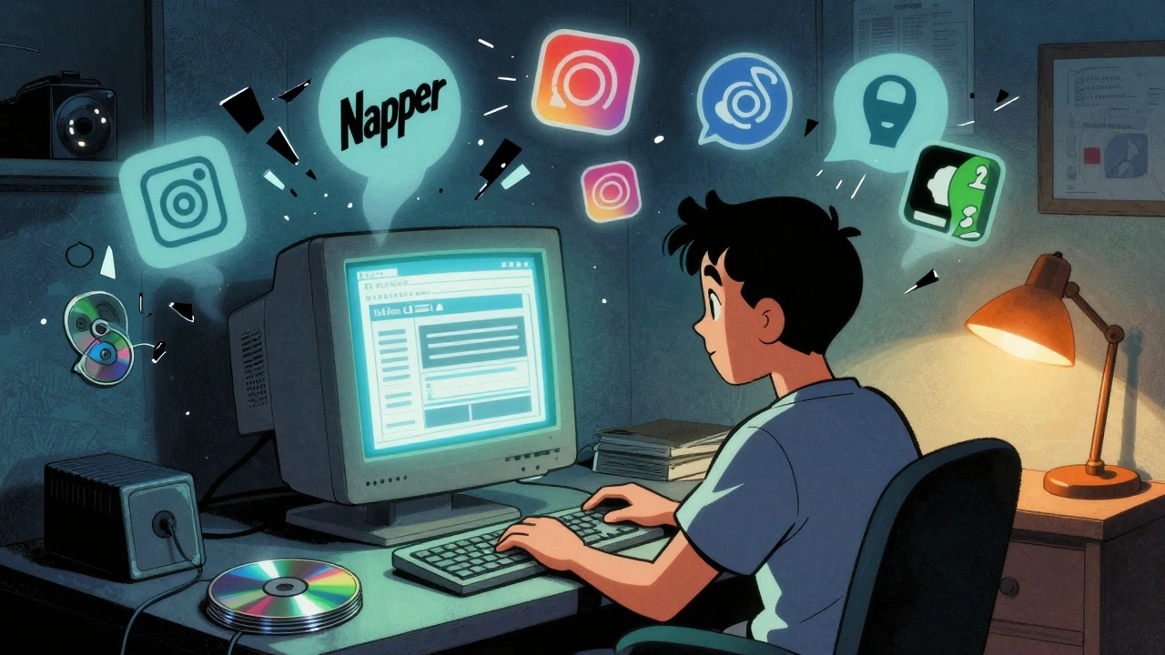 Retro illustration of a blogger using a computer as internet symbols break through walls.