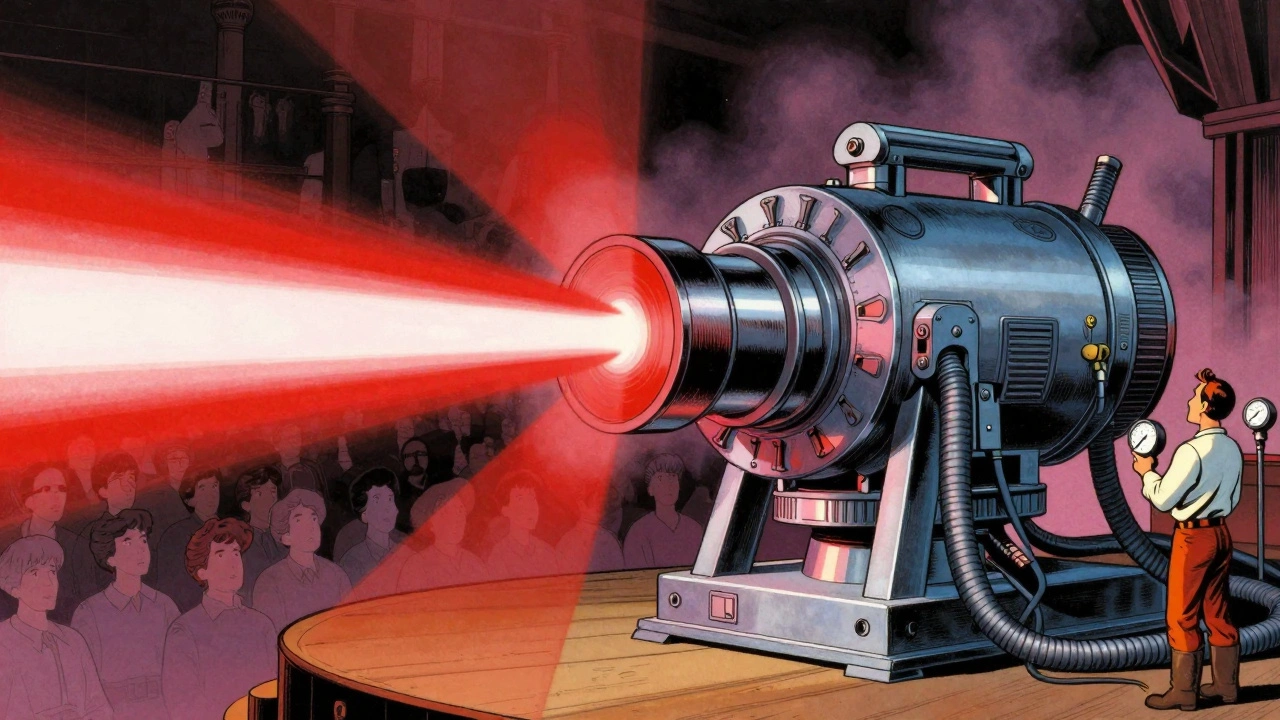 Retro illustration of a large gas laser projector shooting red beams