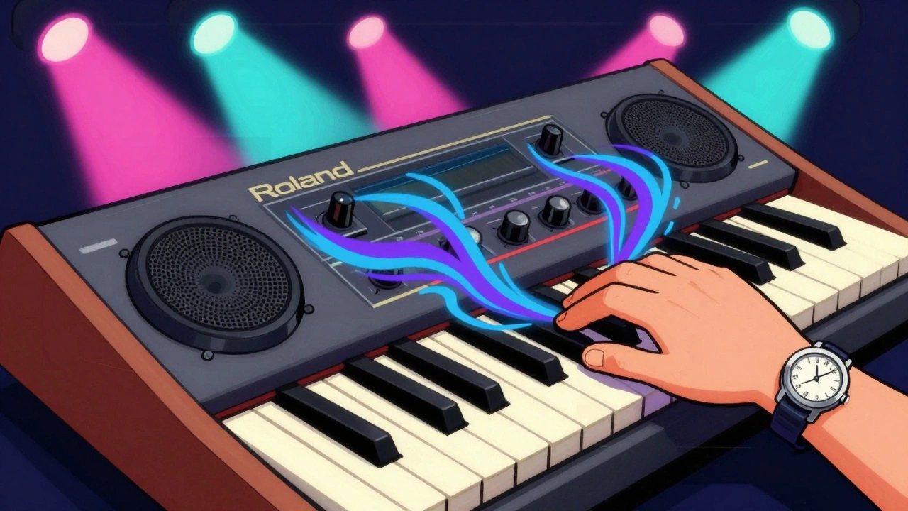 Retro illustration of a Roland Juno-60 with glowing chorus effects