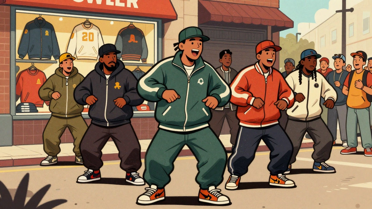 Retro illustration of hip hop artists influencing streetwear