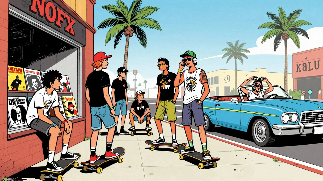 Retro illustration of SoCal skaters and punk fans outside a record store under palm trees.