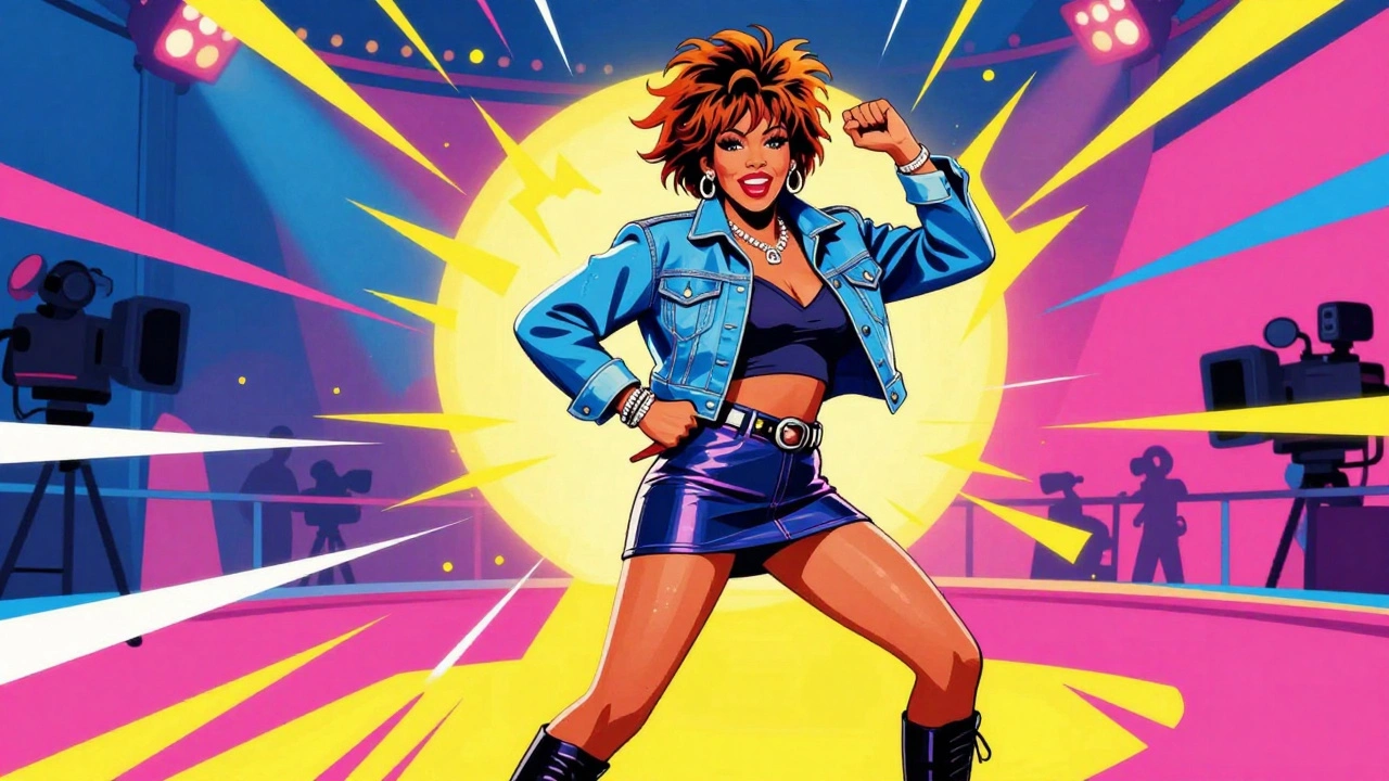 Retro illustration of Tina Turner dancing energetically in 80s rock attire, symbolizing her comeback.