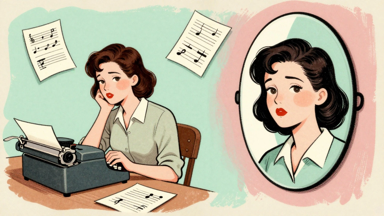 Retro illustration showing the contrast between a songwriter's private self and their public confessional persona.
