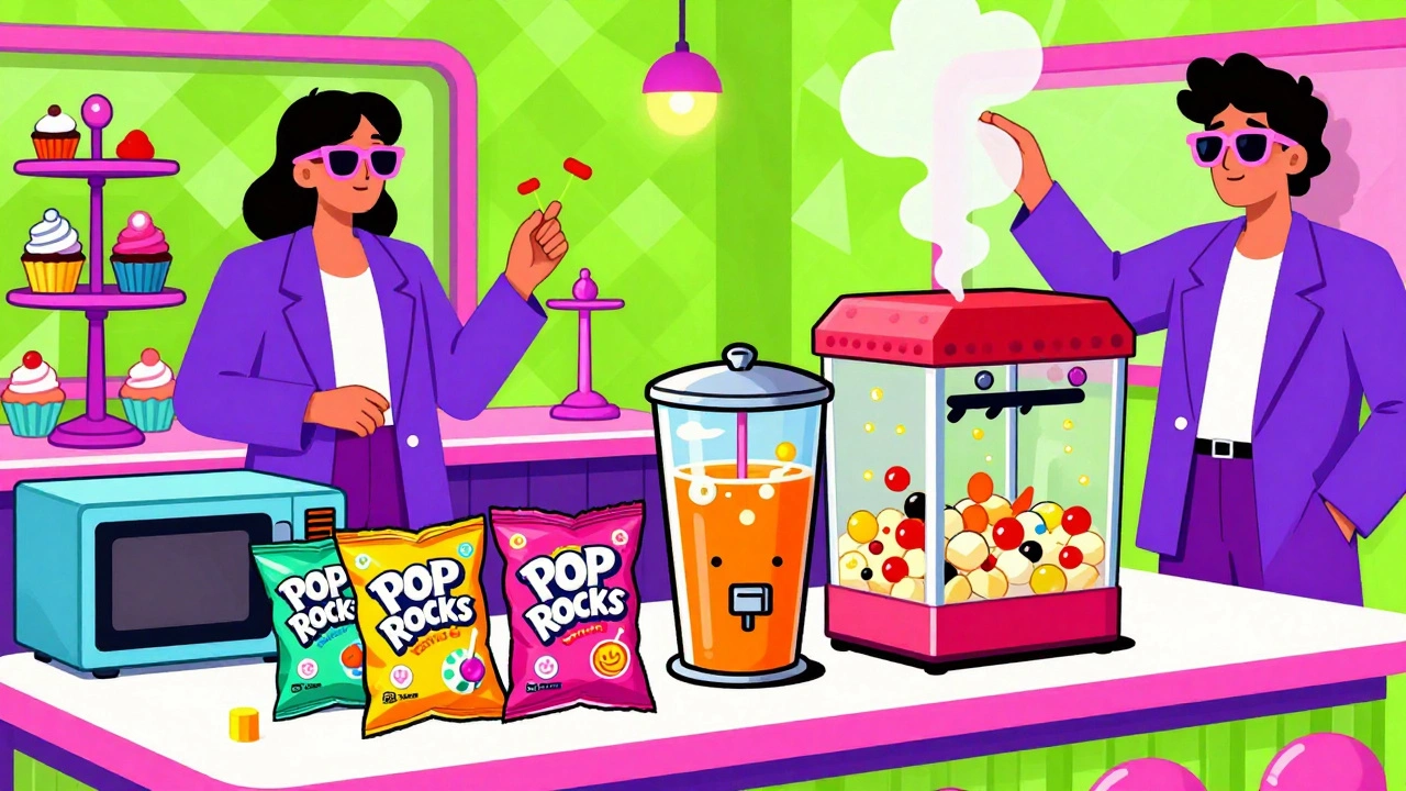 Retro snack bar with Pop Rocks, Tang punch, and neon decor