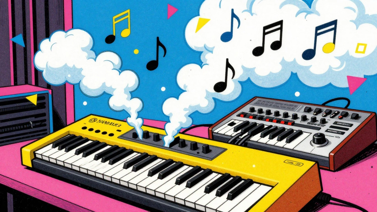 Retro synthesizers and drum machines illustration