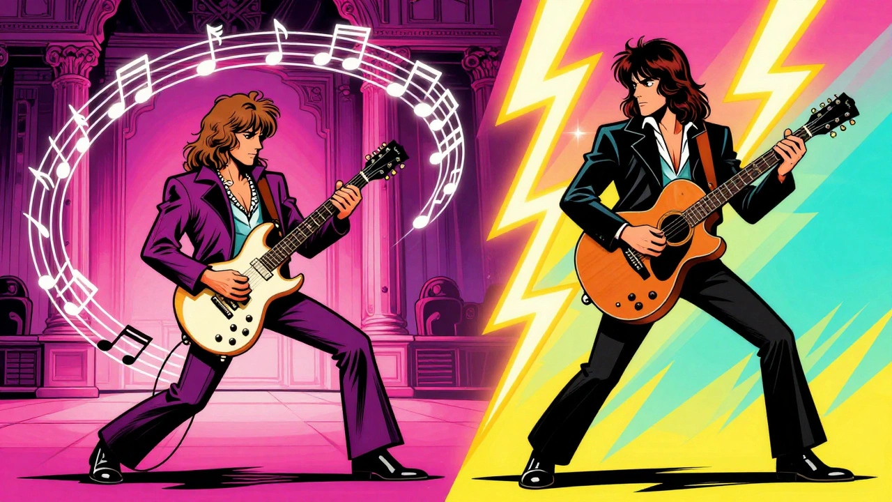 Ritchie Blackmore and Jimmy Page performing with classical and rock elements in retro art.