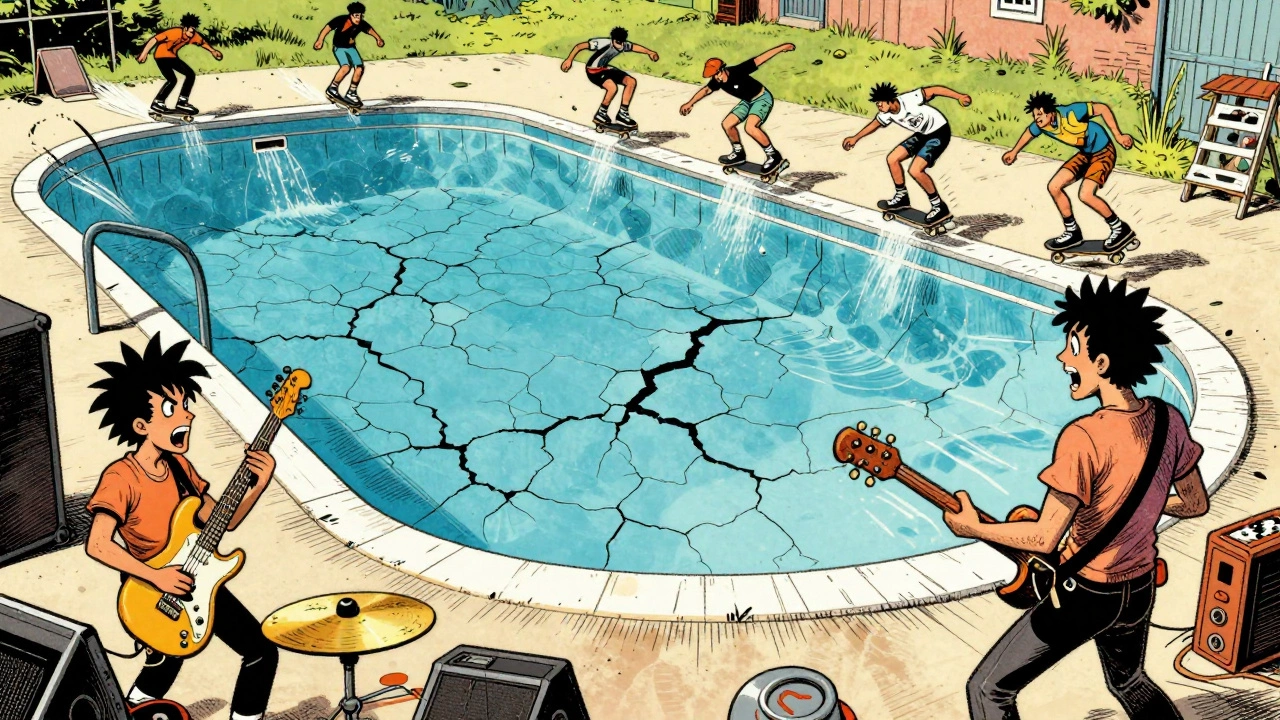 Skaters performing tricks in an empty pool while a band plays nearby