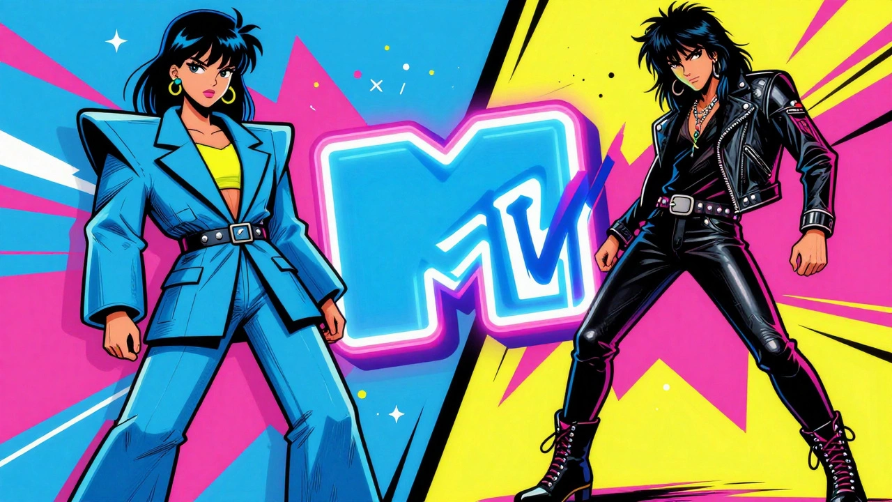 Split screen of 80s power suits and rock leather fashion