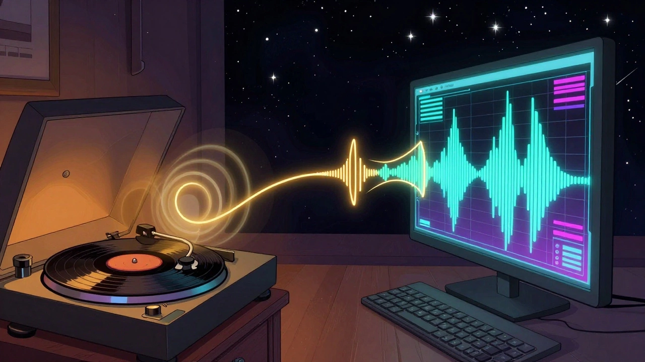 Split view connecting vintage vinyl and digital audio waves