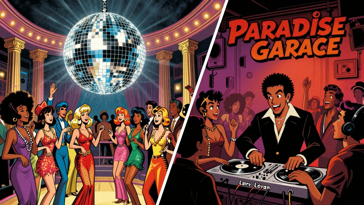 Split view of glamorous Studio 54 and intimate Paradise Garage disco scenes