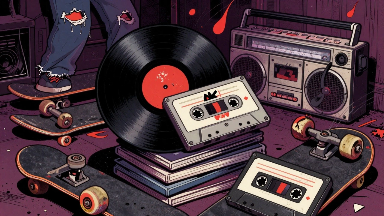 Stack of punk records and cassettes surrounded by skateboards