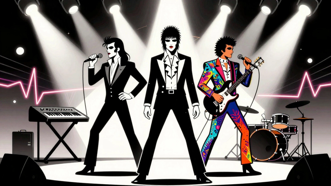 Stylized New Romantic band performing on stage with synthesizers