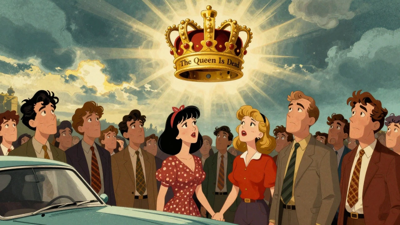 Surreal scene with floating crown and 1980s crowd