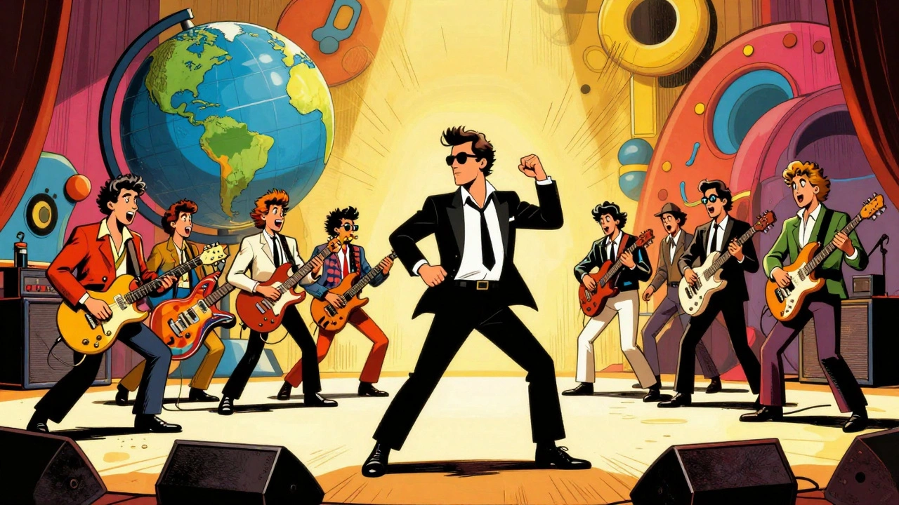 Talking Heads live performance with ensemble dancers in retro illustration