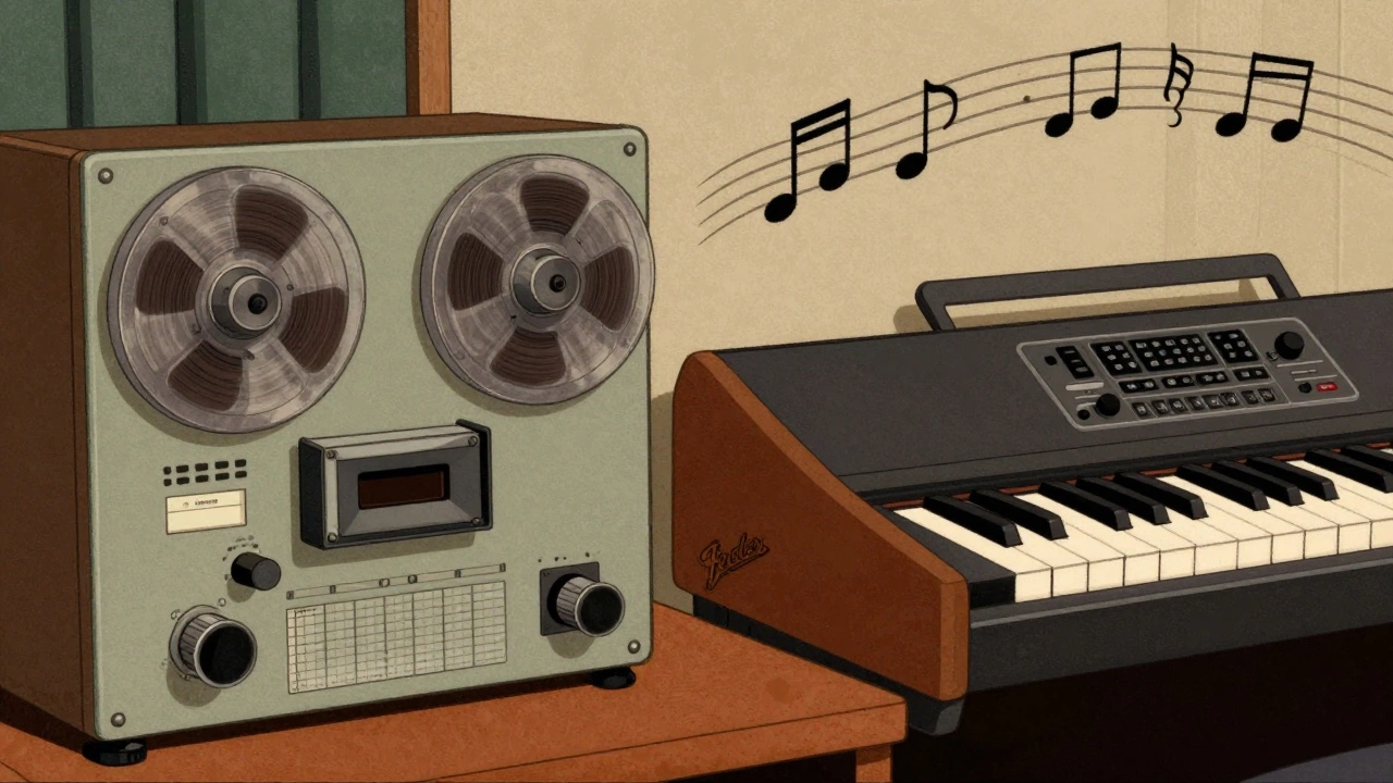 Vintage analog tape machine and synthesizers in a studio