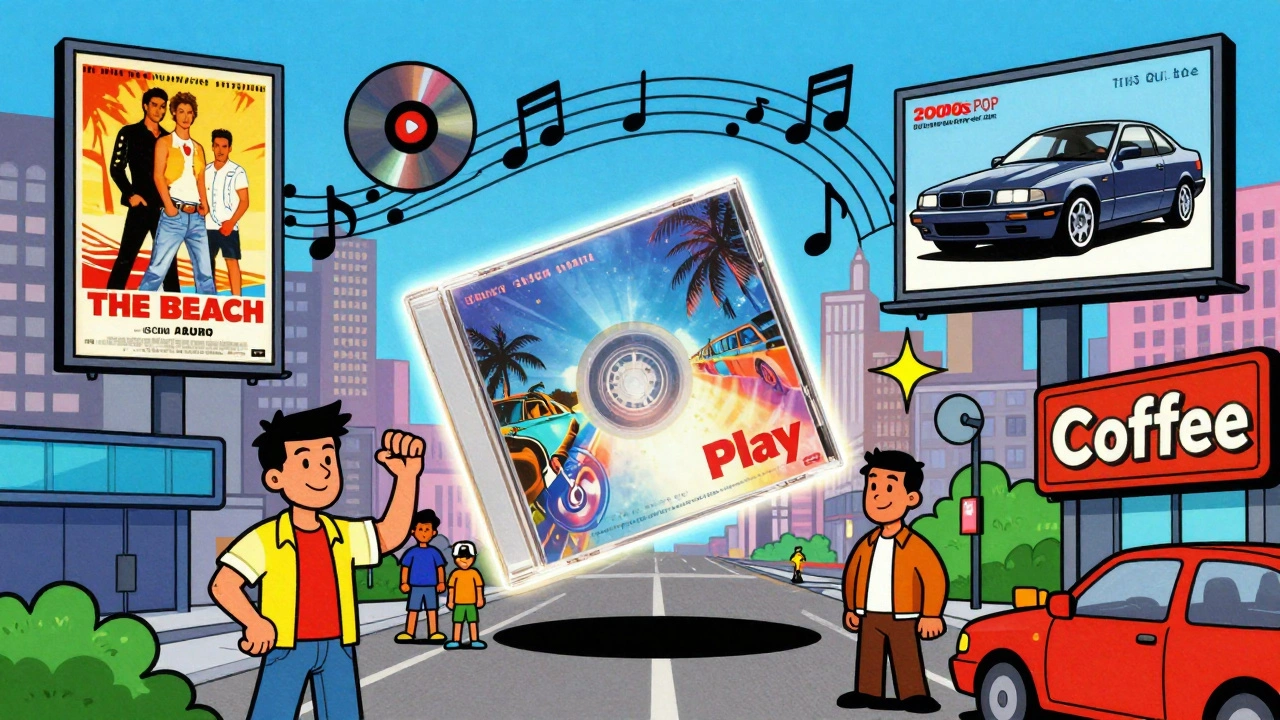 Vintage cartoon collage of Moby's Play album in ads and movies