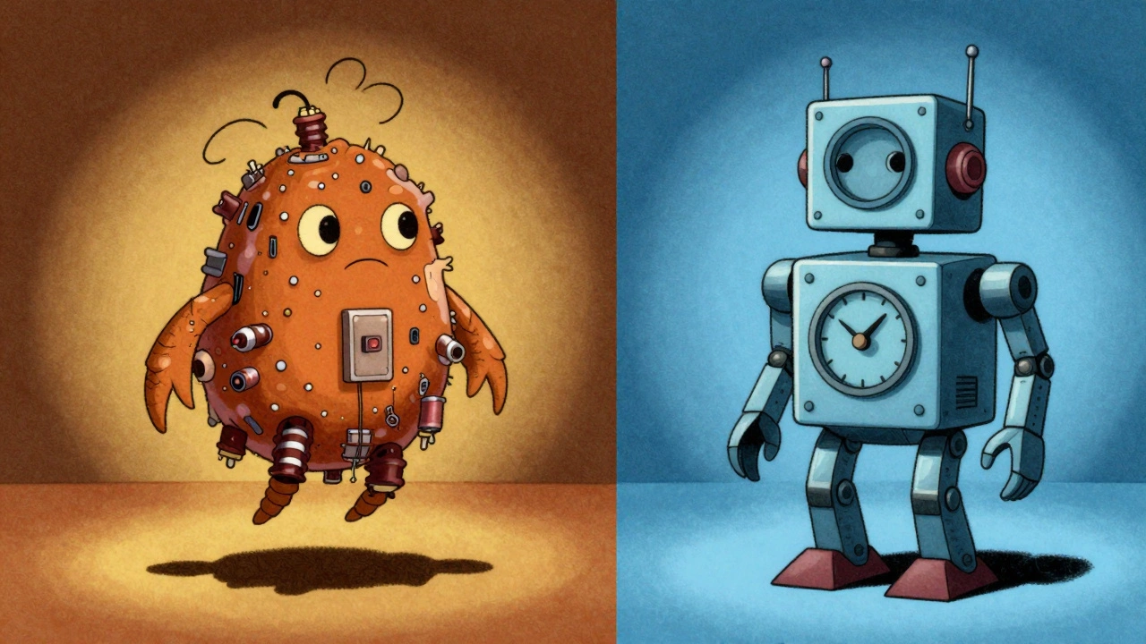 Vintage cartoon comparing warm analog VCO vs precise digital DCO