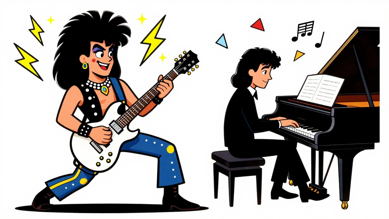 Vintage cartoon contrasting glam metal shredding with jazz fusion