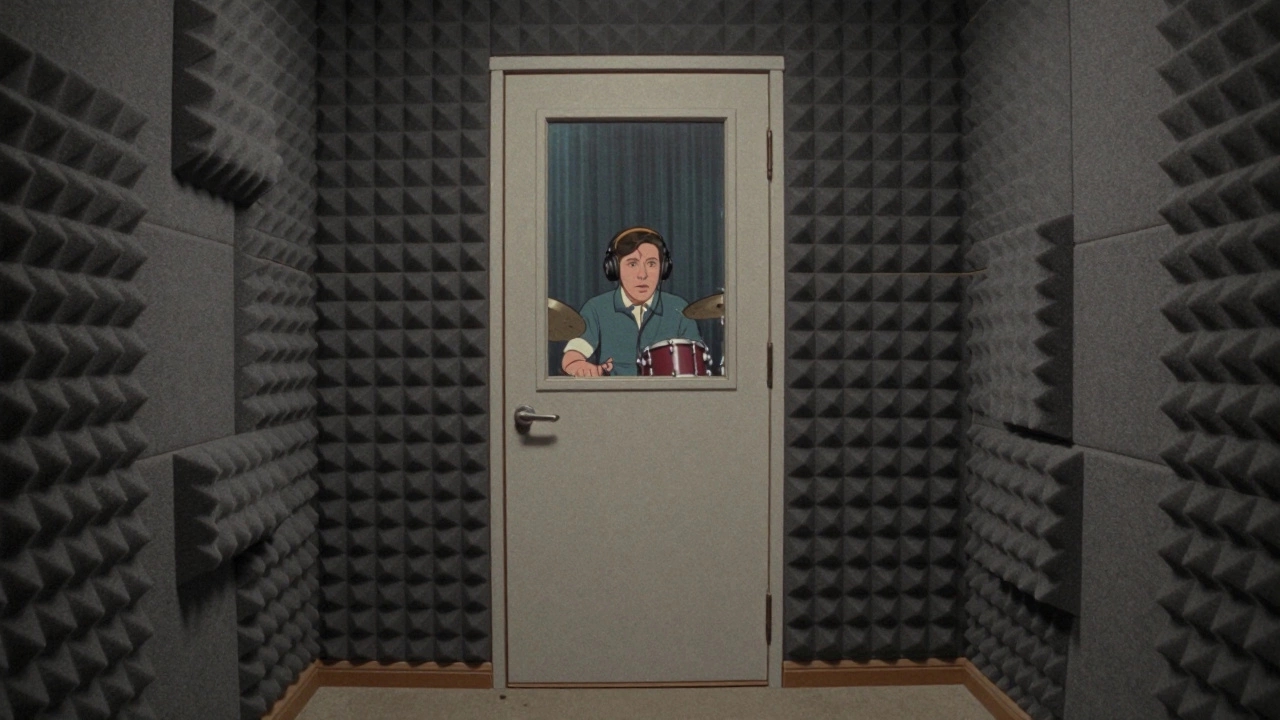 Vintage cartoon illustration of a drummer in a small, foam-lined isolation booth with dead acoustics.