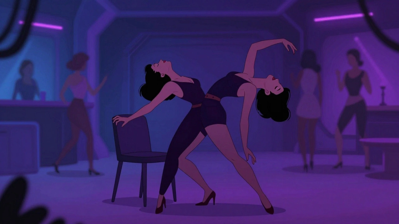 Vintage cartoon illustration of a sensual solo dance in a neon-lit club setting.