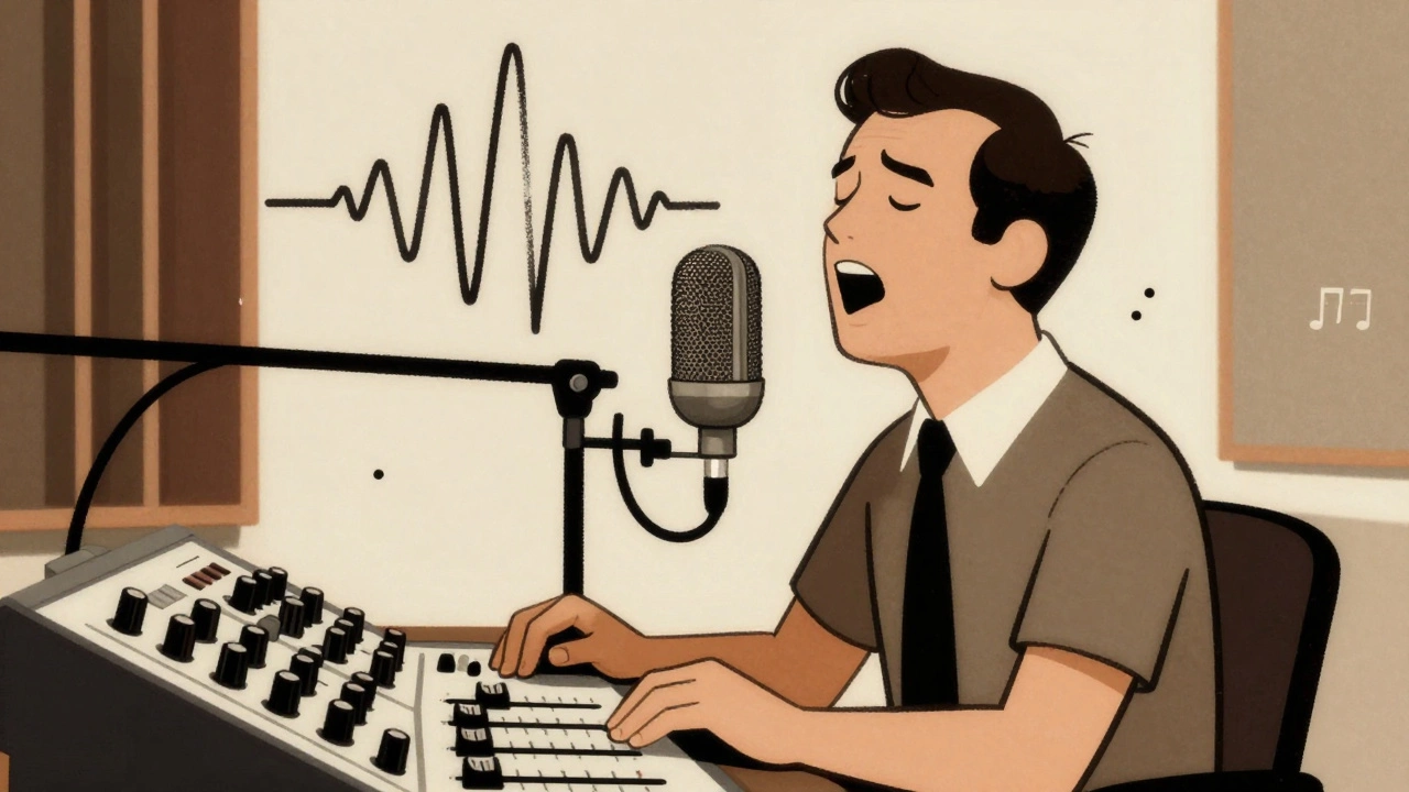 Vintage cartoon of a 1970s recording session highlighting raw vocals and minimalist production aesthetics.