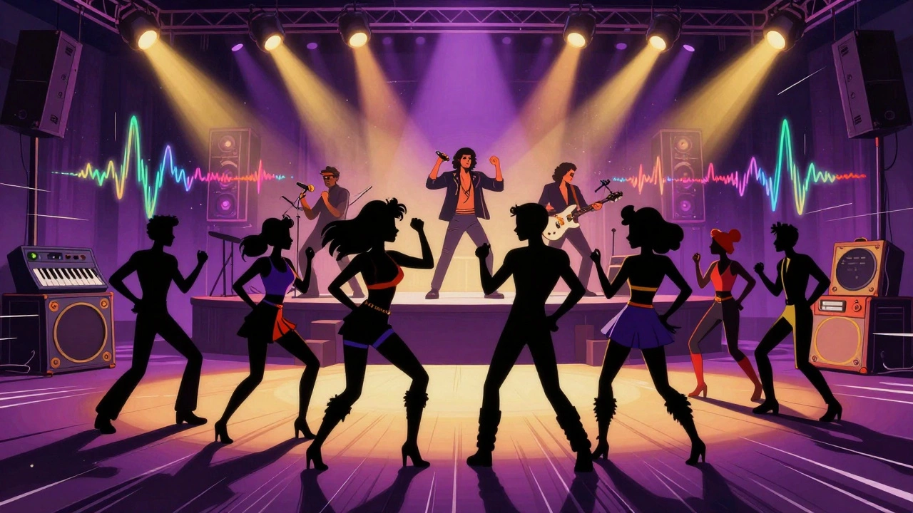 Vintage cartoon of a crowded 80s club with The Gap Band performing