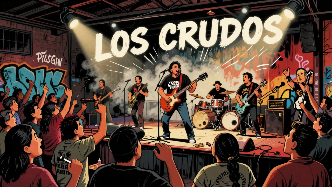 Vintage cartoon of a Latino hardcore punk band performing in a Chicago warehouse.