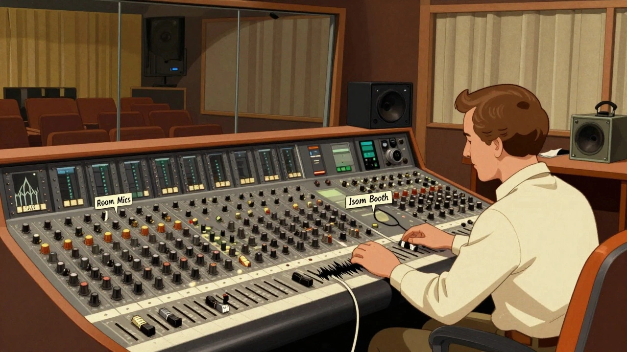 Vintage cartoon of an engineer mixing signals from a live room and an iso booth on an analog console.