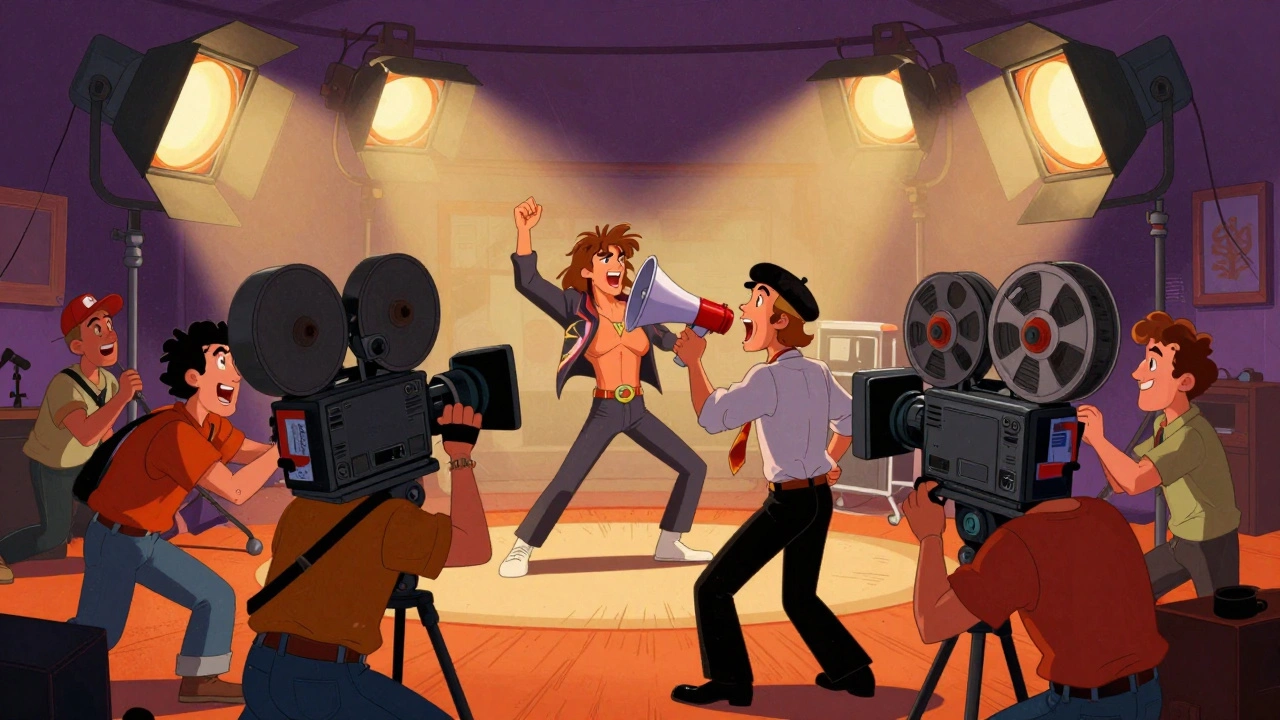Vintage cartoon of busy 80s music video set with crew and film equipment