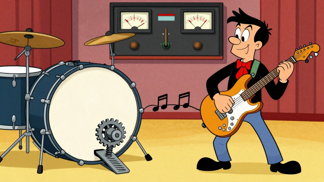 Vintage cartoon of drummer and guitarist syncing rhythms