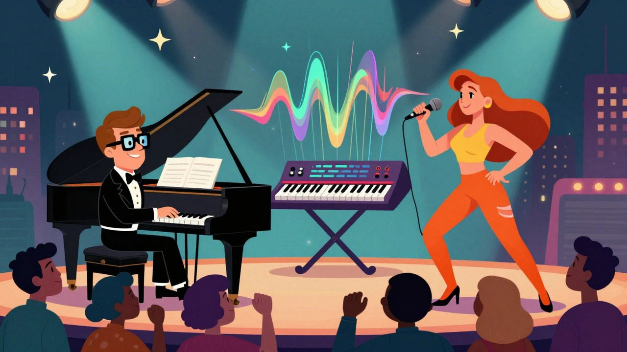 Vintage cartoon of Elton John and Dua Lipa performing together on a colorful stage.