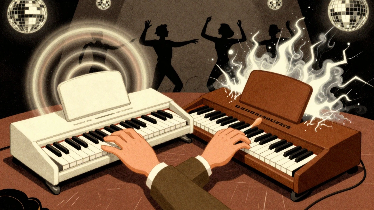 Vintage cartoon of hands playing Rhodes and Wurlitzer with visual sound effects