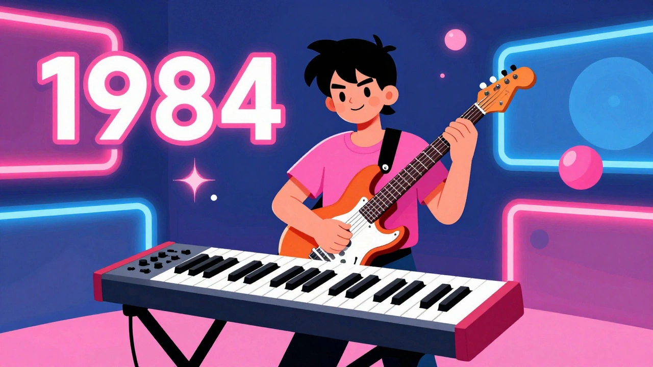 Vintage cartoon of musician with guitar and synthesizer