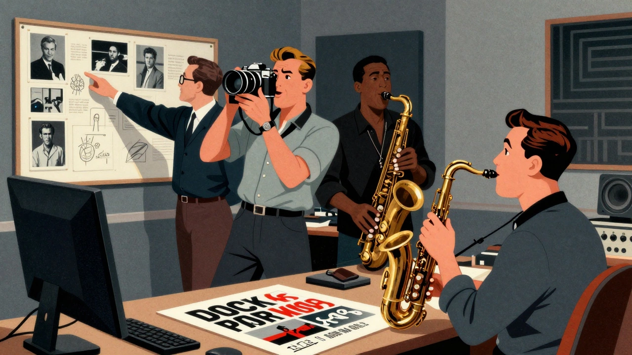 Vintage cartoon of photographer, artist, and director in studio