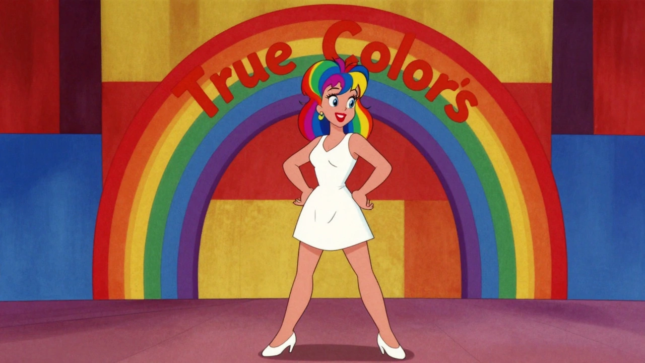 Vintage cartoon of singer on rainbow stage with vibrant colors