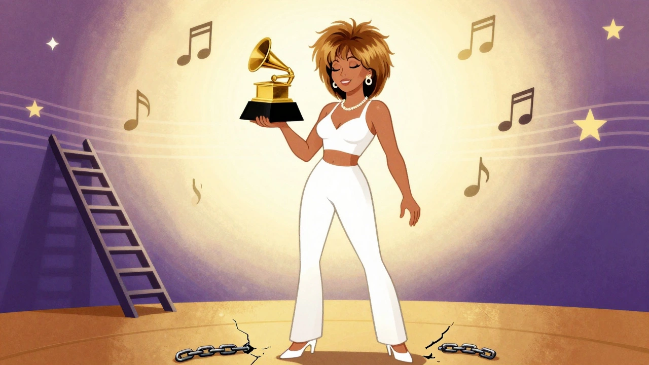 Vintage cartoon of Tina Turner holding a Grammy, surrounded by symbols of her resilience and success.