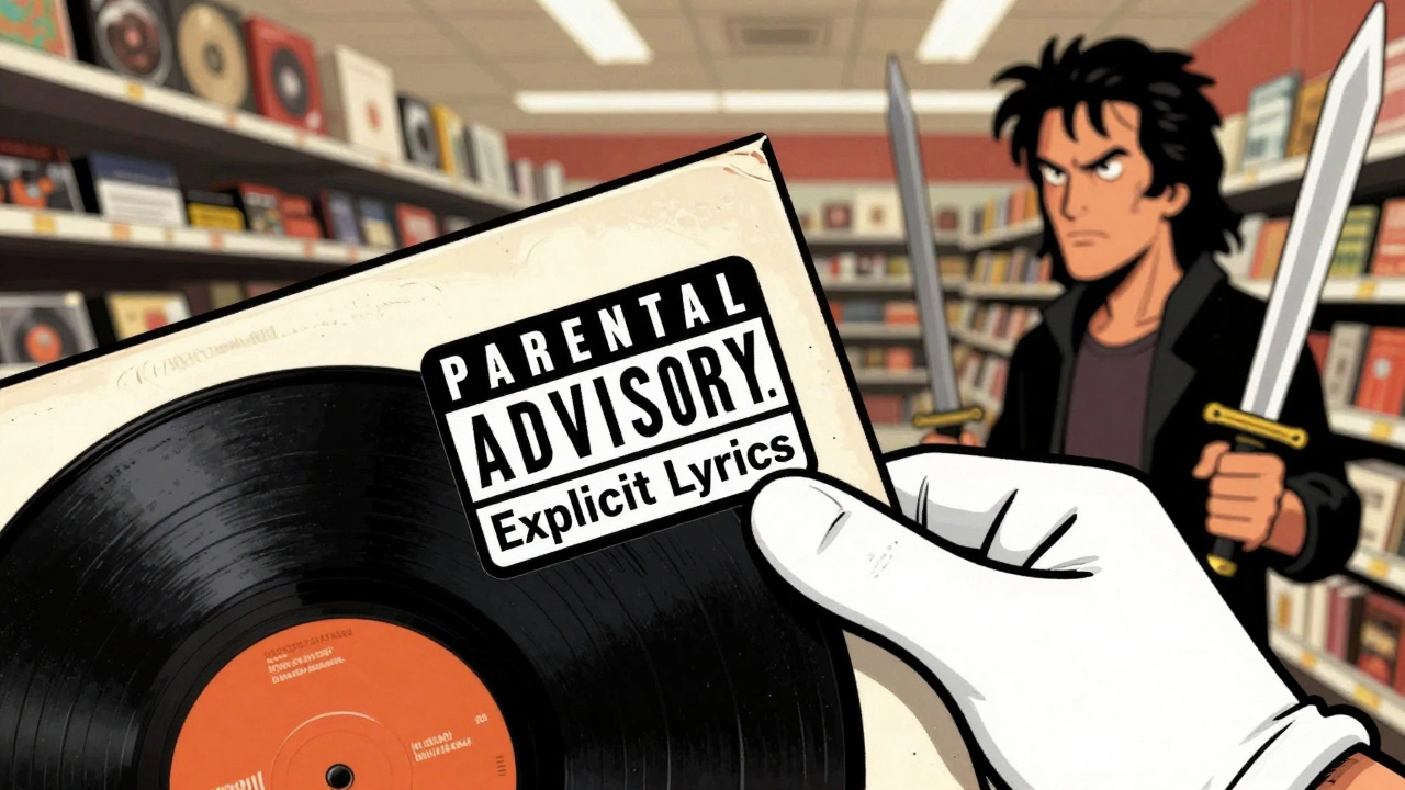Vintage cartoon showing Parental Advisory sticker on an album