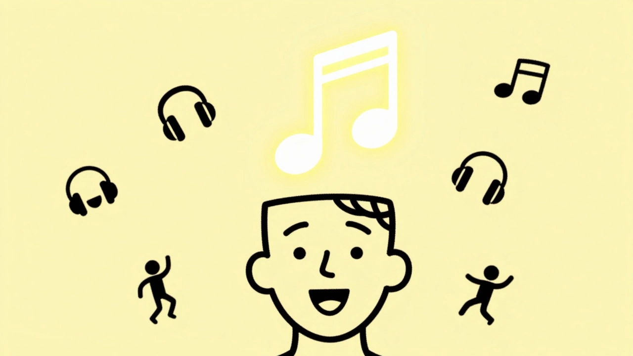 Vintage illustration of a catchy musical hook entering a listener's mind.