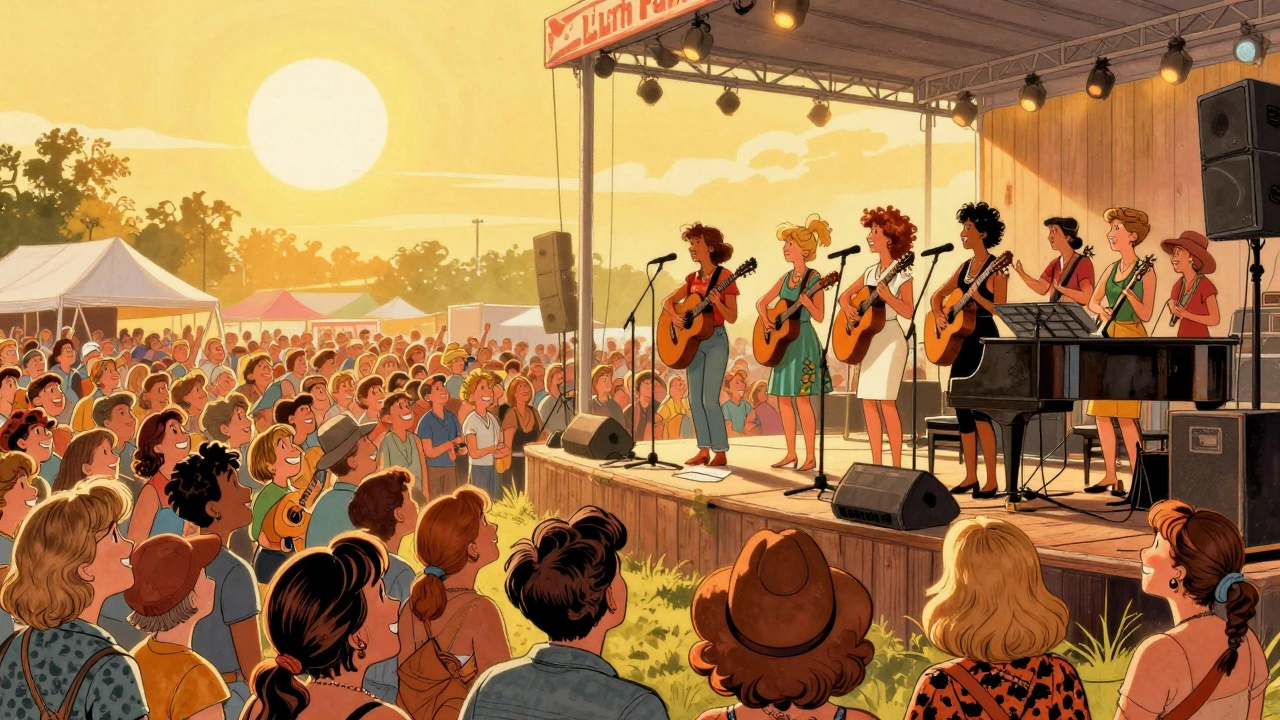 Vintage illustration of a diverse female band playing at a sunny outdoor festival.