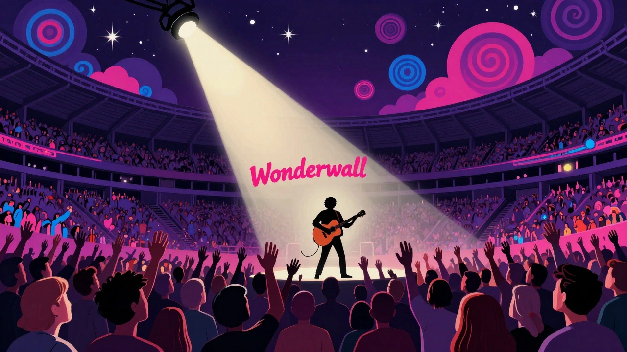 Vintage illustration of a massive stadium concert with psychedelic sky