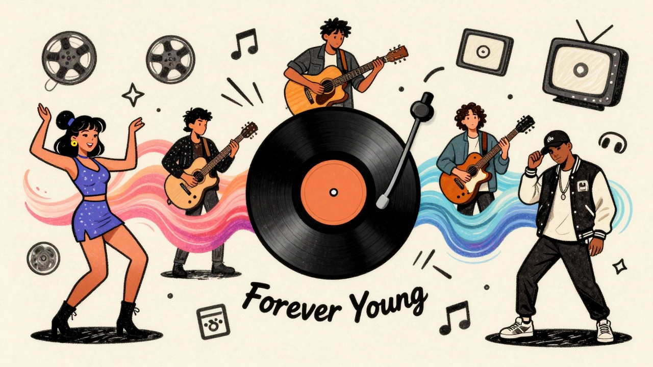 Vintage illustration of a song evolving from 80s pop to modern genres