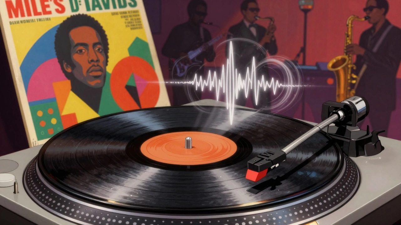 Vintage illustration of needle dropping on fusion vinyl with colorful sound