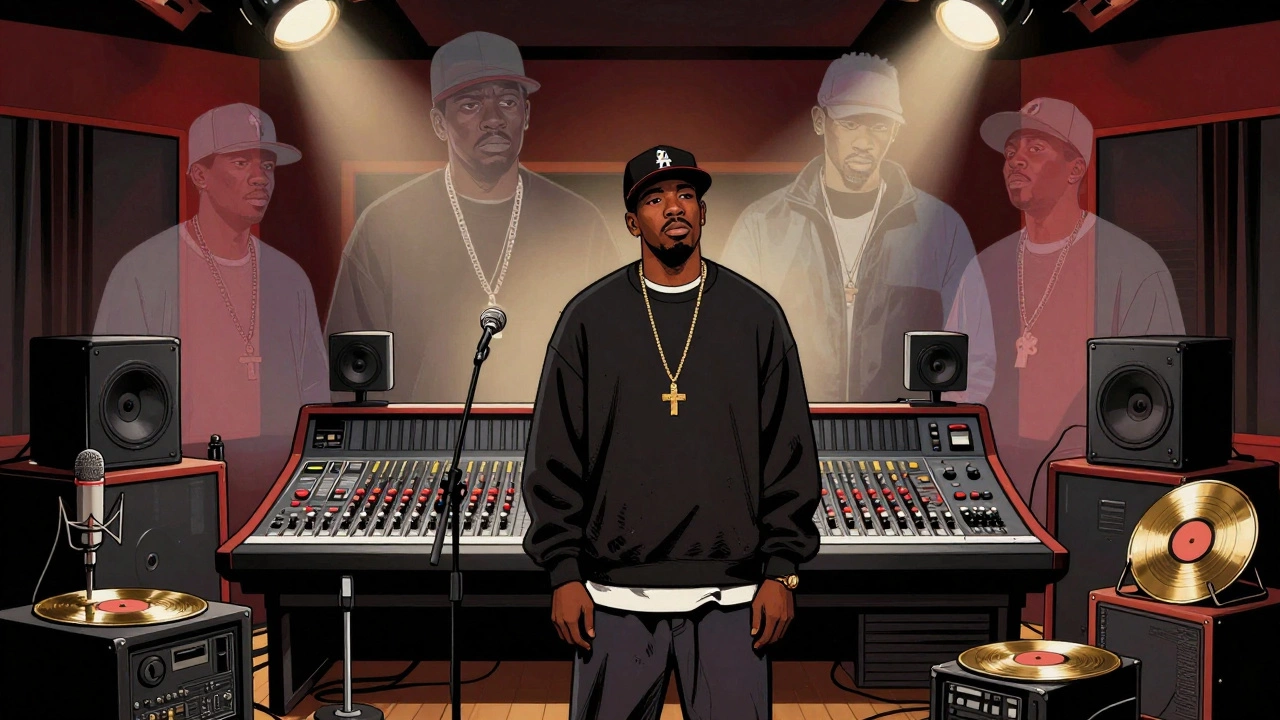 Vintage illustration of Puff Daddy mourning Biggie in studio